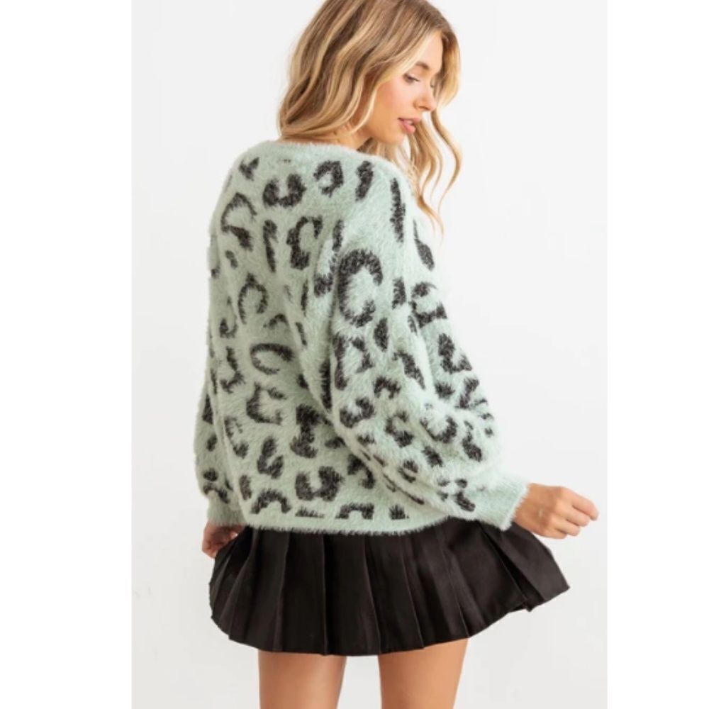 Mint Animal Print Fuzzy Knit Sweater - Picture 3 of 3